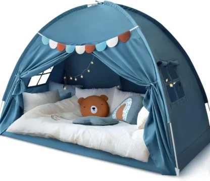 Tienda de cama doble para niños, tienda de cama de tamaño doble, tienda de campaña con dosel para cama interior, tienda de privacidad en la cama, dormitorio interior para niños, azul