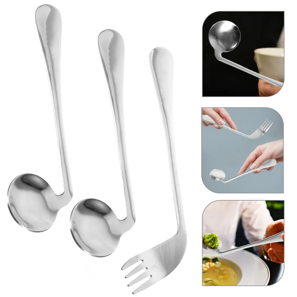 Cuchara para zurdos, tenedor, diseño de codo para pacientes ancianos postrados en cama, ayudas para alimentar, prácticas cucharas de acero inoxidable en ángulo