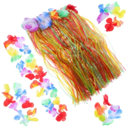 Traje de falda de hierba para niños, disfraz de fiesta para niños, tocado de flores Luau, conjunto de hojas, pulseras de aro para la cabeza, guirnalda para el cuello