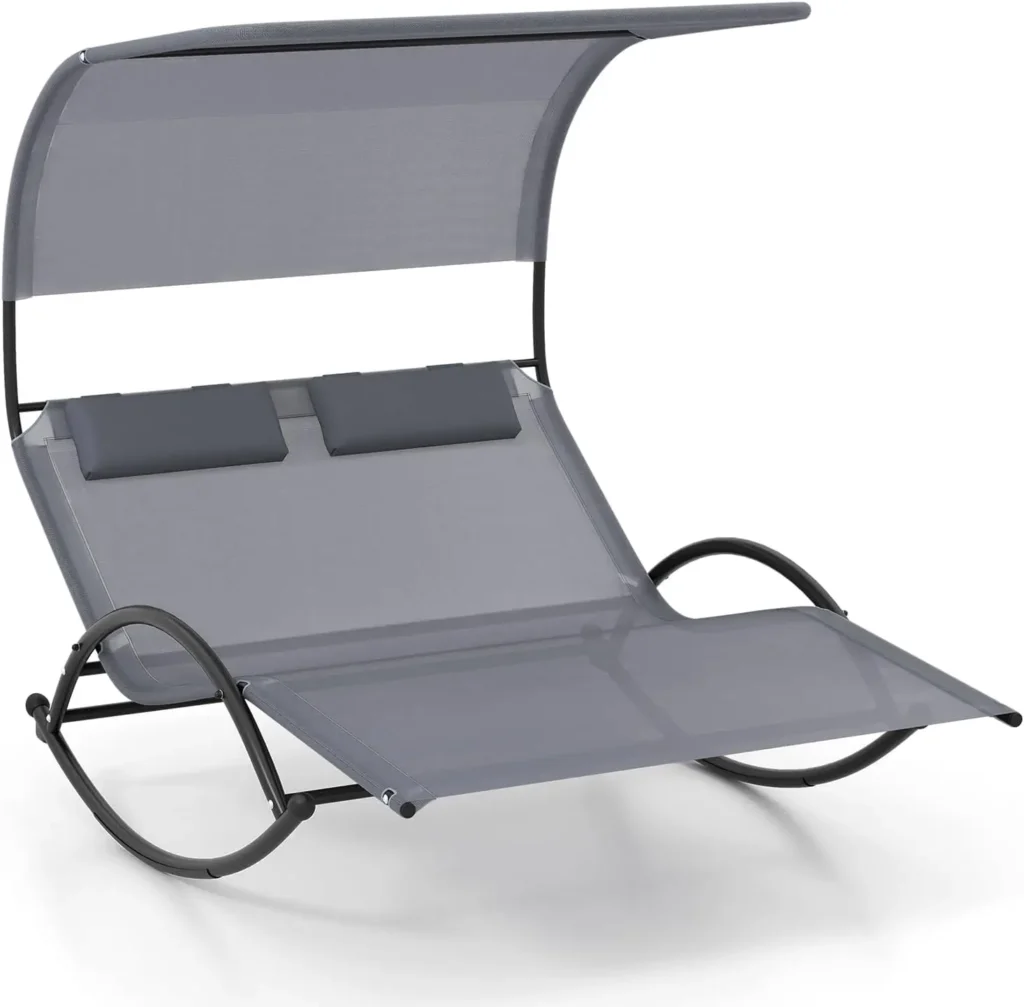 Chaise Lounge Rocker para exteriores, tumbona mecedora para 2 personas con dosel parasol y almohadas para reposacabezas, sofá de dos plazas para cama Hammo