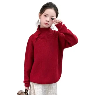 Suéter coreano de cuello alto rojo con botones para niñas, ropa de moda de primavera, traje de punto, prendas de punto ajustadas de calle para niños