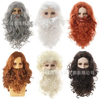 Mago de Halloween Barba de Papá Noel Europa y América Pelo largo y rizado Peluca de Navidad de Jesús Bigote