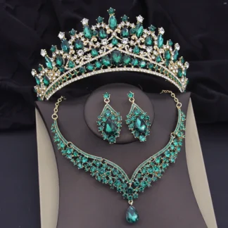 Conjunto de joyas de lujo para mujer, set de collar y pendientes con corona de cristal verde para boda, tiara de graduación, novia, Dubái