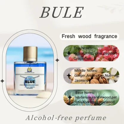 Perfume sin alcohol Colonia AZUL 100% original para hombres Woody fresco con limón, pomelo, sándalo, fragancia de larga duración de 50 ml