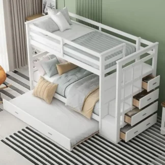 Litera doble sobre dos camas individuales de madera maciza con escaleras de almacenamiento nido y rieles altos para niños, adolescentes y adultos, blanco natural, capacidad de 400 libras