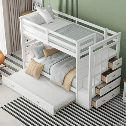 Litera doble sobre dos camas individuales de madera maciza con escaleras de almacenamiento nido y rieles altos para niños, adolescentes y adultos, blanco natural, capacidad de 400 libras