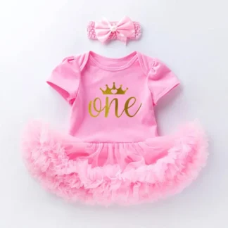 Vestido de princesa de 1er cumpleaños para niñas, conjunto de mameluco de retazos de tul de manga corta con diadema con lazo, conjunto de verano de 2 uds.