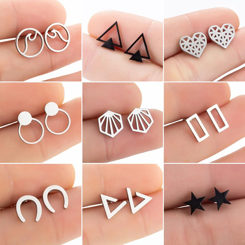Pendientes geométricos de acero inoxidable para mujer, aretes de tuerca en forma de U con forma de corazón y triángulo, joyería Punk, color negro
