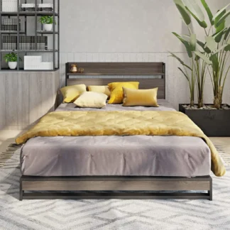 Marco de cama de plataforma tamaño Queen con cabecero de madera, almacenamiento debajo de la cama de 12 ", sin caja, resorte Ned, sin ruido