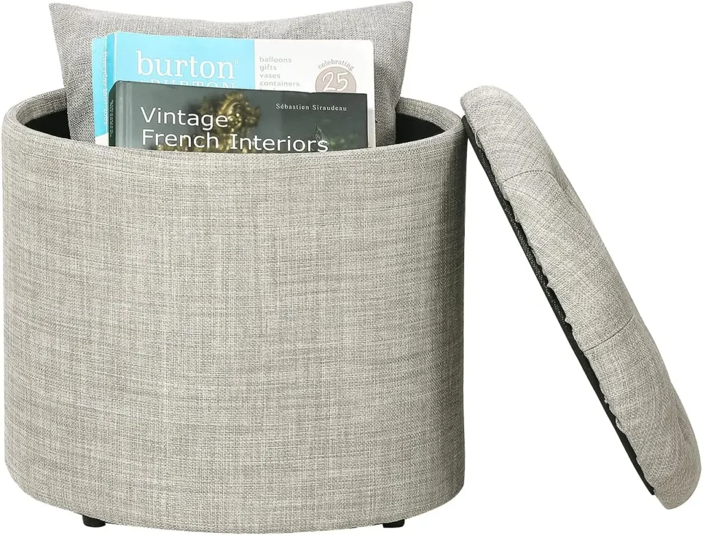 Otomana de almacenamiento redonda, taburete pequeño de tela con tapa extraíble, para dormitorio, sala de estar, sofá, dormitorio, gris claro
