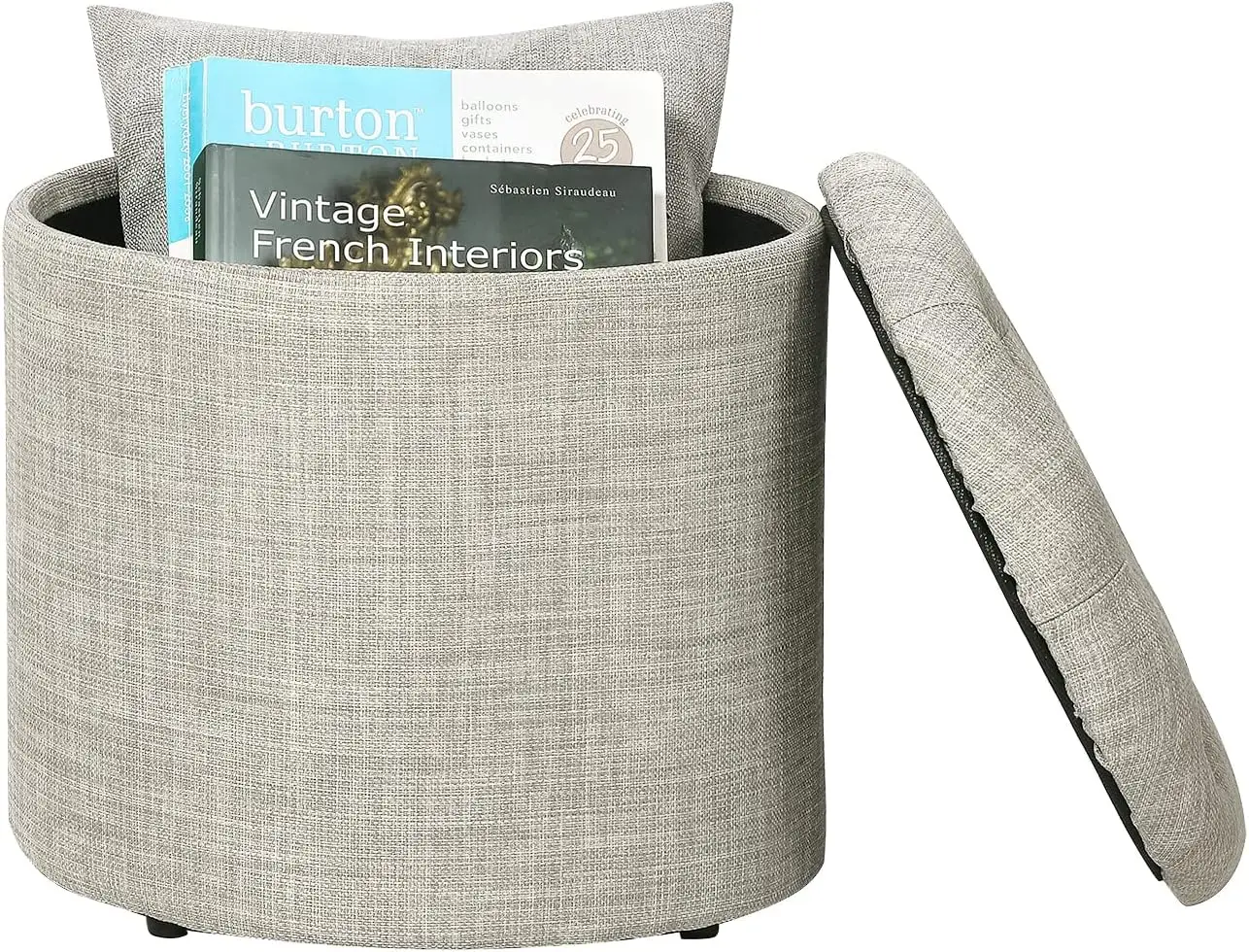 Otomana de almacenamiento redonda, taburete pequeño de tela con tapa extraíble, para dormitorio, sala de estar, sofá, dormitorio, gris claro