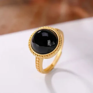 Anillo de ónix negro Natural con apertura redonda ajustable, abalorio artesanal de oro antiguo, joyería étnica para damas, accesorios para banquetes