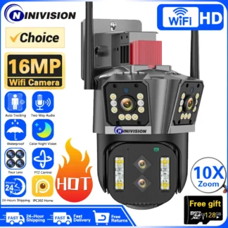 Cámara PTZ WIFI de cuatro lentes 8K, 16MP, Zoom 10X AI, seguimiento automático de Audio para exteriores, cámara IP de vigilancia CCTV de seguridad de 8MP, IPC360 para el hogar