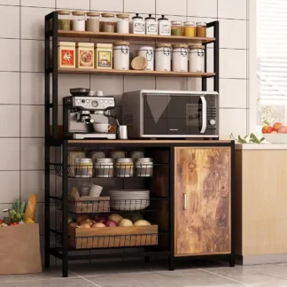 Panadero de cocina Ra con cestas y puerta, soporte Industrial para horno microondas, estante de almacenamiento de utilidad, utilidad de cocina independiente