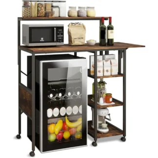 Panaderos móviles Ra con soporte de almacenamiento para microondas con Panel plegable y ruedas, almacenamiento de cocina Ra con toma de corriente, rústico