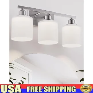 Lámparas de tocador de baño de 3 luces sobre espejo, níquel cepillado antioxidante con pantallas de vidrio, enchufe E26, fácil instalación