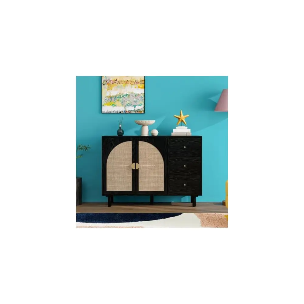 Bla Aparador decorativo de ratán con 2 puertas y 3 cajones para baño y comedor - Elegante mesa tipo buffet bohemio con almacenamiento