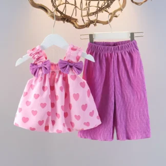 Ropa de verano para niña, Tops con tirantes + pantalón, 2 uds., traje para niña con estampado de corazón y lazo, ropa de dos piezas para chico, chándal informal para niño A1303