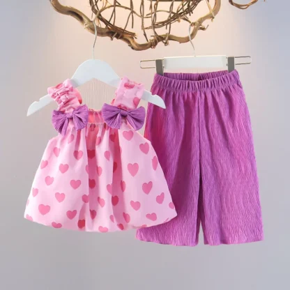 Ropa de verano para niña, Tops con tirantes + pantalón, 2 uds., traje para niña con estampado de corazón y lazo, ropa de dos piezas para chico, chándal informal para niño A1303