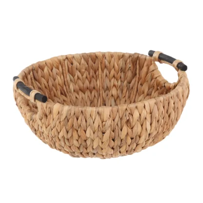 Cuenco decorativo de jacinto de agua tejido natural con asas de madera