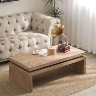 Mesa de centro de madera de 47,6 pulgadas, mesas de centro de madera de granja modernas de mediados de siglo para sala de estar, mesa rectangular de madera maciza natural