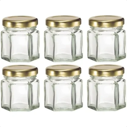 6 tarros de vidrio hexagonales de 1,5 oz con tapas forradas de Plastisol
