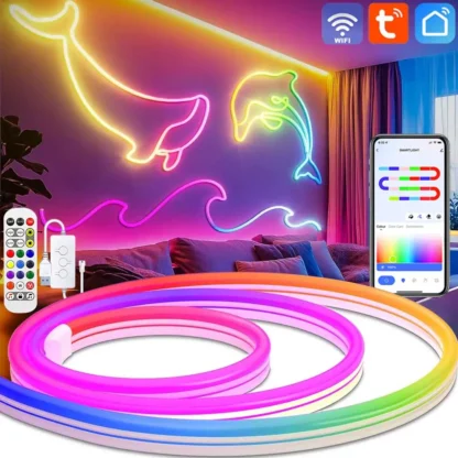 Tira de luces LED de neón con WiFi Tuya, tira de luces LED regulable RGBIC de 5V, Control por aplicación Bluetooth, tubo de silicona resistente al agua, cinta de neón para decoración de pared
