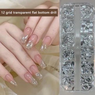 12 rejillas de cristal brillante con fondo plano, diamantes de imitación geométricos irregulares, decoraciones artísticas para uñas, accesorios de herramientas de manicura DIY