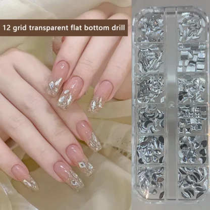 12 rejillas de cristal brillante con fondo plano, diamantes de imitación geométricos irregulares, decoraciones artísticas para uñas, accesorios de herramientas de manicura DIY