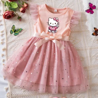 Vestido tutú de lentejuelas para niñas de Hello Kitty con mangas aleteadas y lazo, traje de fiesta de princesa de verano para niños pequeños de 2 a 6 años