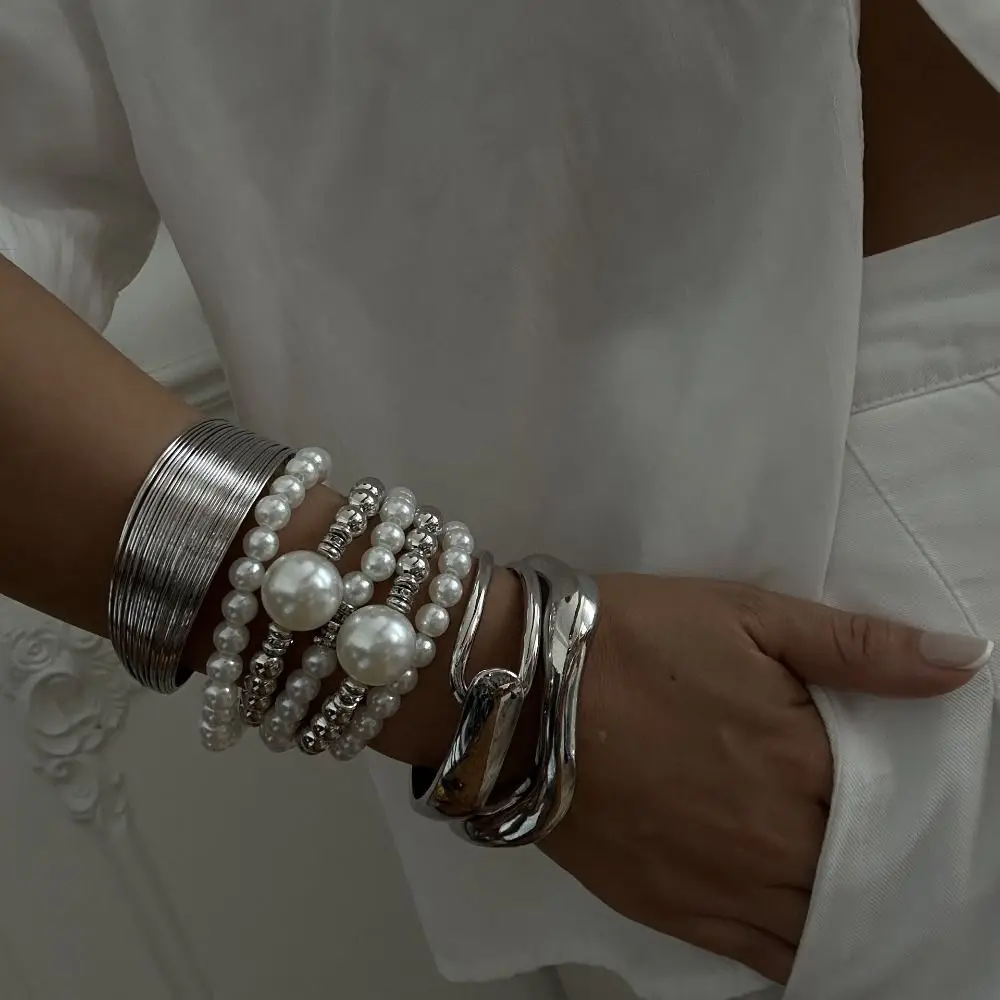 Pulsera de Metal plateado con cuentas de perlas, pulsera de perlas con dibujo de alambre de plata blanca, anillo abierto geométrico, pulsera exagerada para mujer