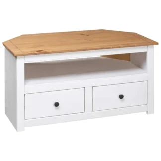 Mueble de TV esquinero con 2 cajones de almacenamiento y 1 compartimento abierto, soporte Teion de madera de pino, mesa auxiliar de sofá de madera para sala de estar