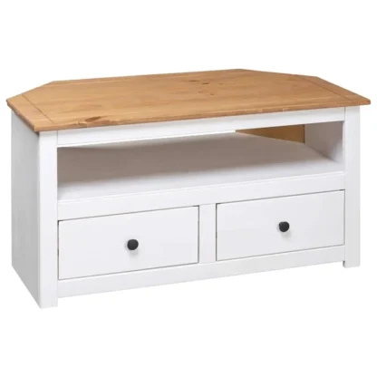 Mueble de TV esquinero con 2 cajones de almacenamiento y 1 compartimento abierto, soporte Teion de madera de pino, mesa auxiliar de sofá de madera para sala de estar
