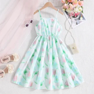 Verano 2025, vestidos grandes para niños de mediados de año, decorados con lazos, vestidos con tirantes de estilo fresco de verano para niñas