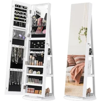 360 °   Gabinete de joyería con espejo giratorio con luces, organizador de gabinetes con espejo de joyería con cerradura de pie con espejo de 61 pulgadas