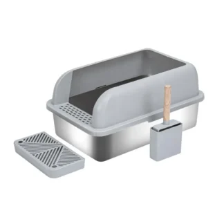 Caja de arena para gatos cerrada de acero inoxidable con tapa, caja de arena Extra grande para gatos grandes, bandeja de arena de Metal XL