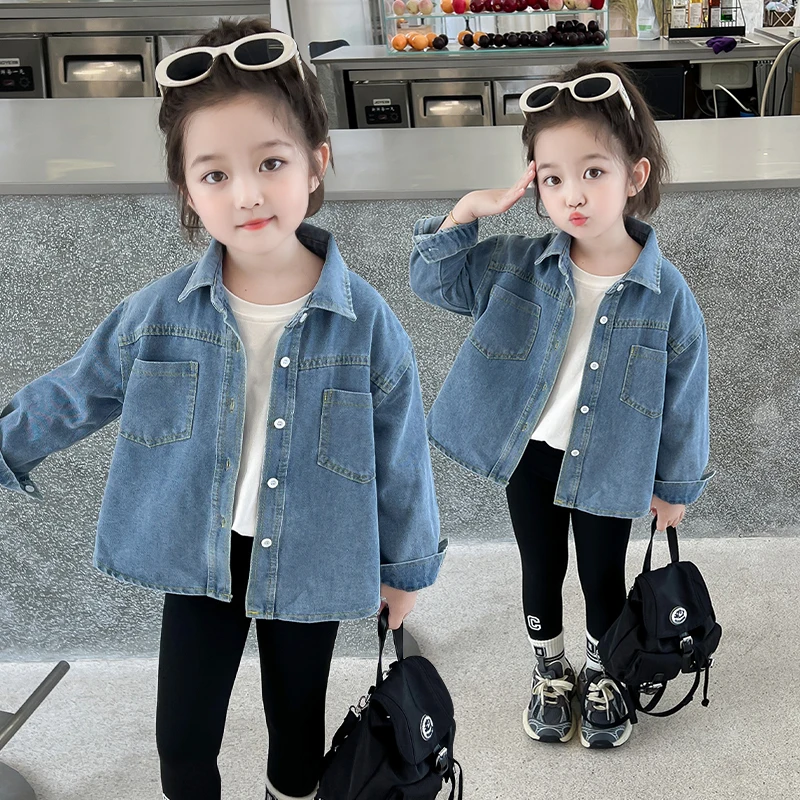 Breve estilo, chaqueta vaquera azul Vintage informal para niñas, abrigo de edad de 2 a 9 años, traje vaquero liso para primavera y otoño