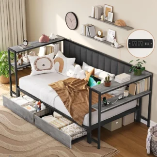 Sofá cama doble XL con 2 cajones de almacenamiento, estructura de cama esquinera con estantes de almacenamiento y puertos de carga, cama de plataforma para niños Twin XL con Uph