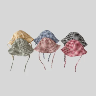 Sombrero de cubo para bebé a cuadros estilo Ins, gorra de protección solar de ala ancha fina para primavera y verano con correa ajustable, sombrero para niños pequeños