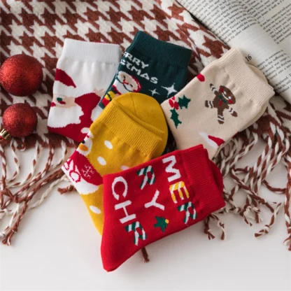 Calcetines navideños de algodón para niños, medias finas de tubo medio, con dibujos animados, para primavera y otoño, 5 pares