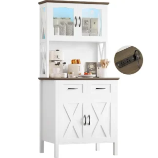 Gabinete de despensa de cocina de 71"" con luces LED y tomas de corriente, gabinete de cocina de granja con soporte para microondas, alto