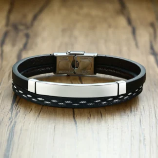 Pulseras de cuero genuino para hombres y mujeres, regalos, barra de acero inoxidable, brazalete en capas, accesorios de joyería informales, decoración