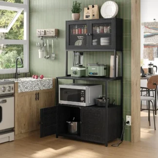 Panadero de cocina de 6 niveles Ra con toma de corriente, soporte para horno microondas Industrial con estantes, puerta antipolvo, almacenamiento de pie Ra