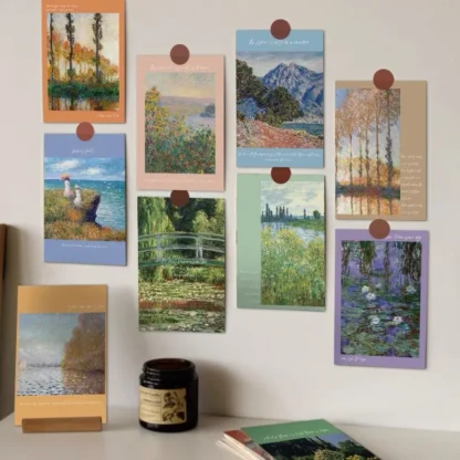 10 tarjetas postales de pintura al óleo Monet, obras maestras de arte de fama mundial, pegatinas decorativas de pared de alta gama para pasillos de interior