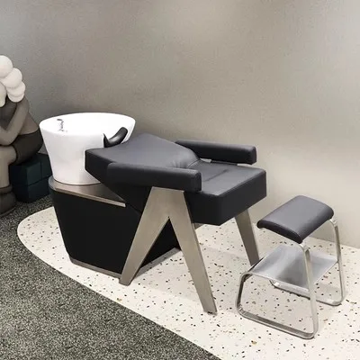 Cama de champú para barbería, silla para el cabello, juego de mesa con espejo, cama empotrada para sentarse de fibra de vidrio