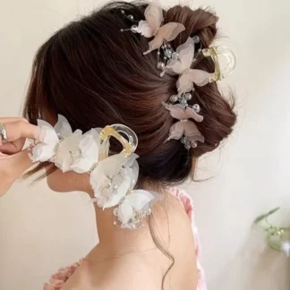Pinzas para el cabello con perlas de mariposa, elegantes horquillas con forma de garra de cangrejo para mujer, dulces accesorios para el cabello para boda/fiesta/diario
