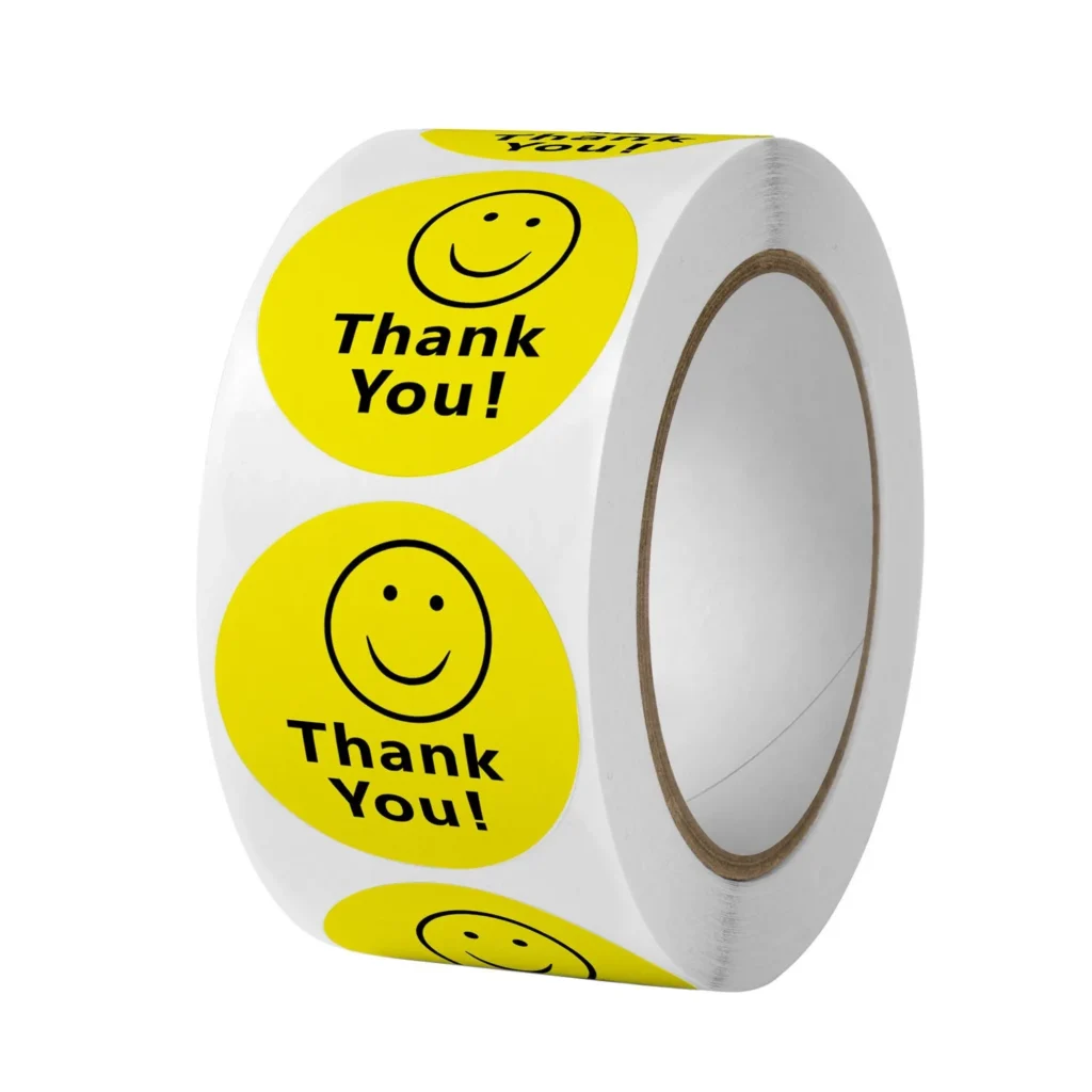 Pegatinas de agradecimiento con sonrisa, pegatinas de agradecimiento con cara sonriente amarilla, etiquetas de correo de cara feliz, pegatinas adhesivas circulares redondas de 500 Uds.