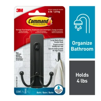 Gancho de pared doble grande para baño, negro, sin daños, 1 gancho de metal