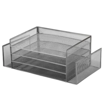 Estante de malla metálica de 4 capas para archivos, organizador de escritorio, bandeja, caja de almacenamiento segura e inodora, espacio de trabajo, soporte para bolígrafos, papelería para el hogar y la Oficina