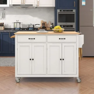 Carro de isla de cocina con encimera de madera maciza y 2 cajones, isla de cocina con ruedas de bloqueo con gabinetes de almacenamiento de 4 puertas y